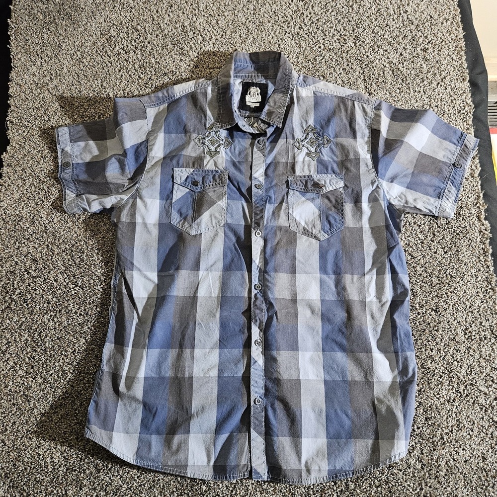Route 66 Button Up Shirt Men's Large Blue/Gray Plaid Embroidered Pocket‎